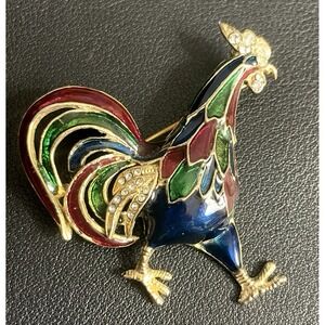 Vintage Rooster Enamel Brooch Multicolor Pin Rhinestone Country Farm Jewelry